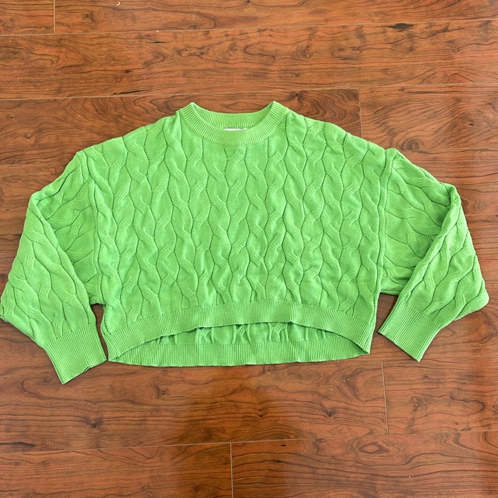 Pink Rose Green Knit Cropped Crewneck Sweater Top